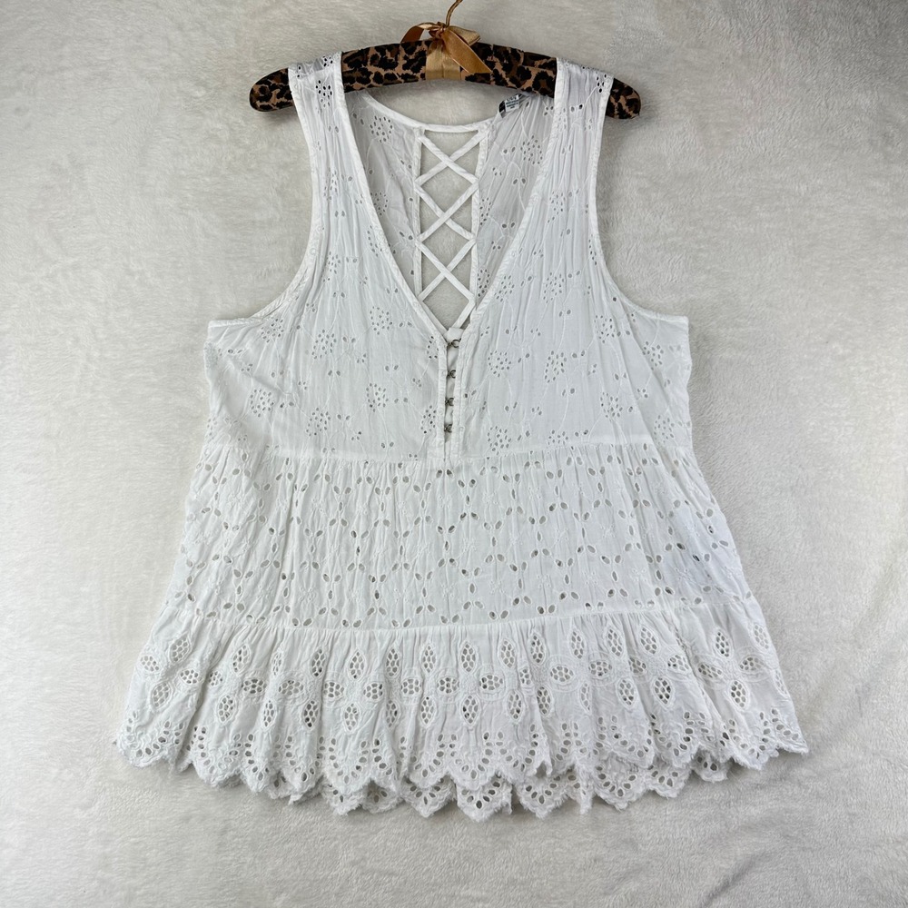 American Eagle Tank Top Womens Eyelet Babydoll Large White Lace Up Modal Boho
